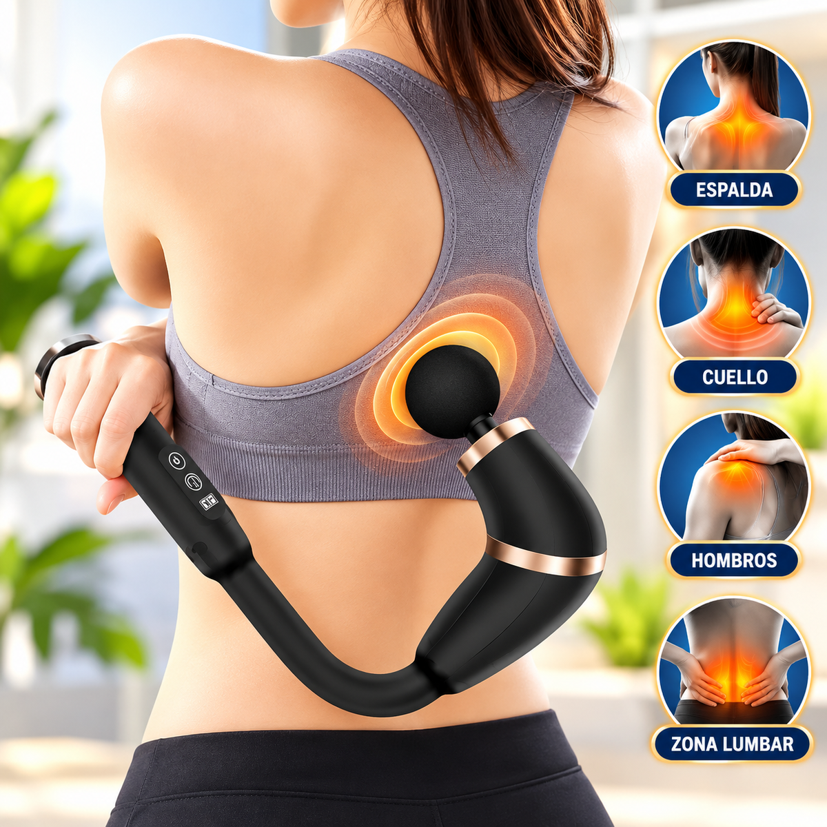 Pistola Masajeadora 6 en 1 PRO | Masaje Profundo para Cuello, Espalda y Zona Lumbar | Recargable USB